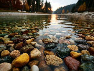 Autumnal pond pebbles, tranquil view