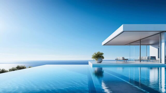 Luxury modern villa with infinity pool overlooking ocean, contemporary architecture, minimalist white design, blue water panorama, coastal retreat
