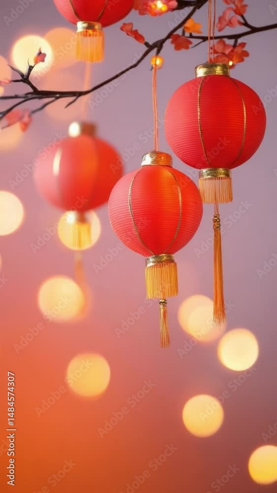 Poster vertical video of red lanterns with gold tassels hang from branch with blossoms, glowing softly agai