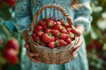 Little Girl Holding a Wicker Basket Full of Fresh Strawberries, Sweet Summer Harvest Scene, AI Generated