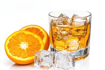 glass of orange juice with ice cubes isolate on white background
