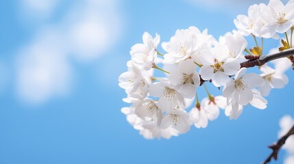 Fototapeta premium A close-up photograph of a delicate branch adorned with white cherry blossoms, set against a softly blurred background of blue sky. 