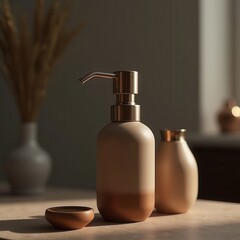 Elegant and minimalistic countertop with modern cosmetic bottles, perfect for showcasing beauty products or home decor in lifestyle and wellness settings.