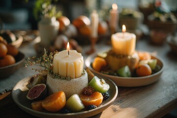 Eco-Friendly Birthday Dessert Table with Reusable Ceramic Plates, Beeswax Candles, Fresh Fruit and Natural Wood Background, AI Generated