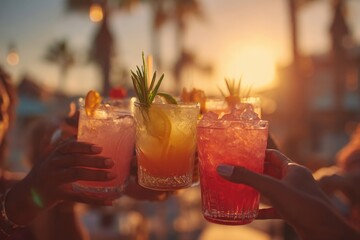 Diverse Friends Clinking Glasses with Colorful Tropical Cocktails at a Vibrant Beach Party, AI Generated