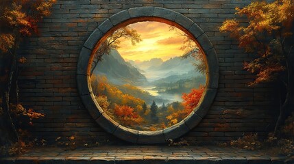A surreal image of a giant keyhole in a brick wall, with a glimpse of a vibrant, otherworldly landscape beyond The scene is mysterious and intriguing