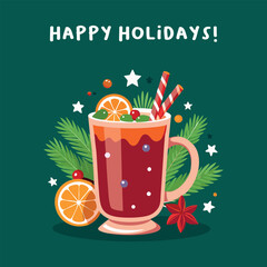 Christmas composition from a cup with a drink and the inscription Happy Holidays