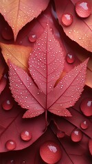 Fototapeta premium Autumn Leaves: A macro shot captures the essence of autumn. The vivid red hues of the leaves are adorned with delicate water droplets, evoking a sense of freshness and the crisp beauty of the season.