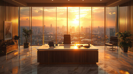 A pristine office, bathed in the golden glow of natural sunlight, exuded a sense of professionalism and order, inviting both productivity and relaxation 