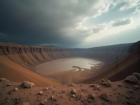 Dramatic panorama of a vast desolate caldera, its rugged cliffs and layered sedimentary formations sculpted by time, under a sky of contrasting weather patterns