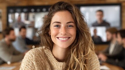 Smiling Woman in Video Conference: Remote Team Meeting