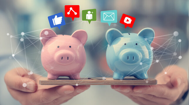 Social Media Choices: Two Piggy Banks with Network Icons