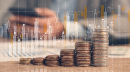 Financial Growth: Stacking Coins & Business Chart Overlay