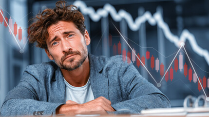 tressed Investor: Worried Man & Declining Stock Market Chart 