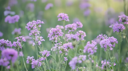 Field Of Delicate Purple Wildflowers Under Soft Sunlight In A Serene Spring Landscape
