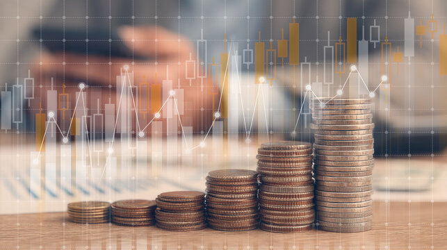 Financial Growth: Stacking Coins & Business Chart Overlay