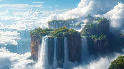 A surreal landscape where gravity seems to have no hold, with floating islands and cascading waterfalls defying the laws of physics Imagination runs wild in this dreamlike vista