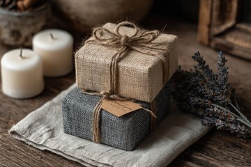 Handmade Gender-Neutral Gifts on Wooden Table with Candles and Linen, AI Generated