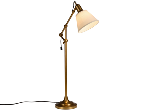 Elegant brass or gold-colored articulated floor lamp with a classic conical cream shade, providing warm ambient lighting for reading or decor, isolated vintage style object on a transparent background