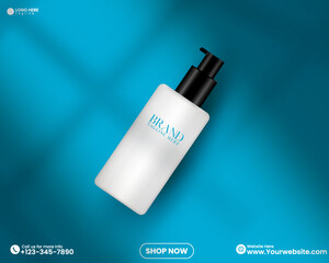 Blue color cosmetics product sale advertisement poster design vector in an isolated background. Beauty product sale postcard background design with window shadow overlay effect. 