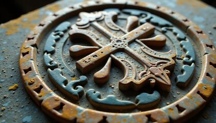 Close-up of a worn, ornate religious symbol on an ancient stone surface , mystical, art, mythology