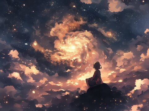 An angel kneeling among the clouds, her radiant wings spreading out as she gazes thoughtfully at Earth, with the grandeur of a cosmic galaxy adding depth to the celestial serenity.