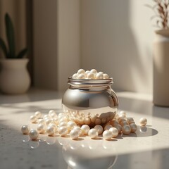 A shimmering jar filled with pearls, elegantly set against a soft background. Ideal for jewelry, luxury, and home decor themes.