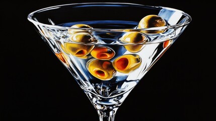 A classic martini in a sleek, inverted conical glass, featuring three green olives on a cocktail pick.