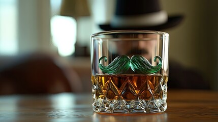A clear glass with a rounded shape contains amber-colored liquid, adorned with a bright green felt mustache placed across the upper rim.