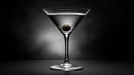A close-up of a martini glass filled with clear liquid, featuring three green olives garnished with a toothpick.