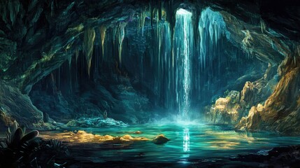 An underground cave featuring numerous stalactites hanging from the ceiling and stalagmites rising from the ground.