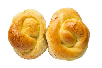 Two homemade buns view from above. Fresh homemade pastries on a white background.
