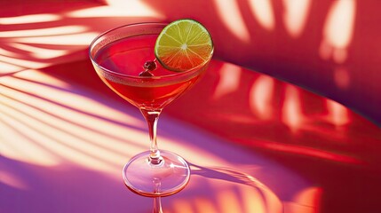 A short cocktail glass filled with vibrant red liquid and ice cubes, garnished with a lime wedge.