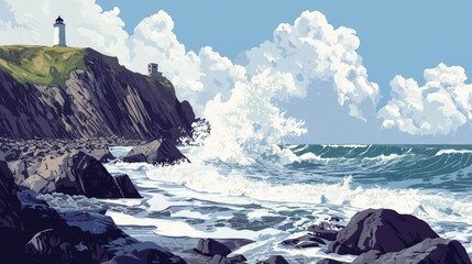 A rocky shoreline with waves crashing against dark stones in the foreground, while a small island with a lighthouse and a few trees is visible in the background.