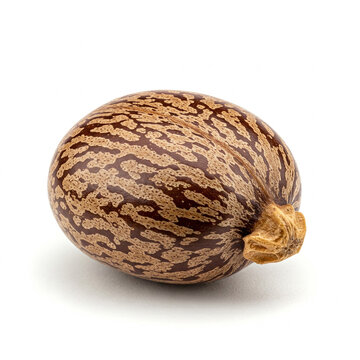 Small, brown castor bean with a smooth, mottled surface, isolated on a clean white background, sharp focus
