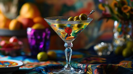 Close-up of a martini glass filled with a clear cocktail, featuring two green olives with red pits at the bottom.