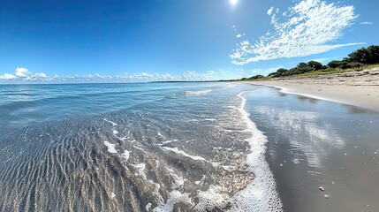 A vast expanse of ocean stretching to the horizon under a clear blue sky, with gentle waves lapping at the shore