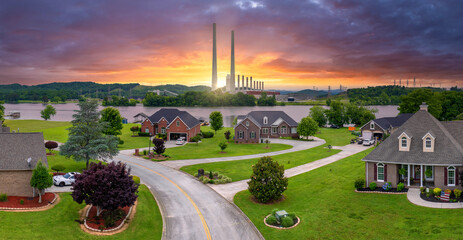 Thermal power plant polluting air burning coal fossil fuel for production of electrical energy....