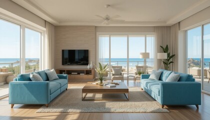 Fototapeta premium sunny living room with modular furniture and ocean breeze tones 