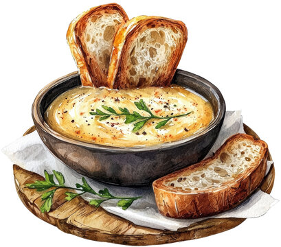 soup with bread watercolor illustration art drawing painting 