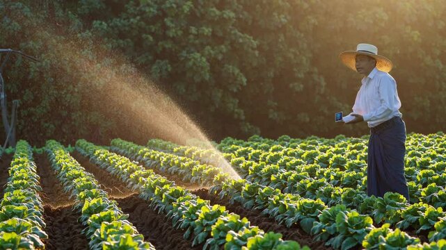Farmer watering celery field at golden hour