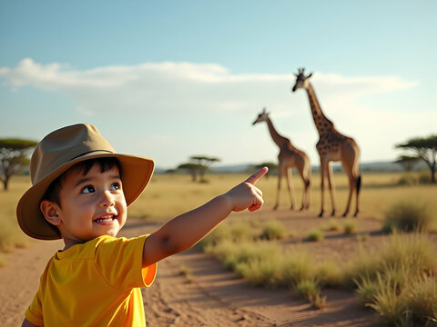 A young child, approximately four years old, with a curious expression, spots giraffes on the horizon during an exciting african safari adventure