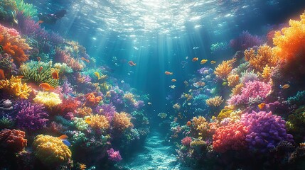 A vibrant coral reef teems with an array of colorful fish, sea turtles, and other marine creatures, a bustling underwater metropolis of life and beauty