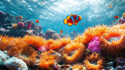 Fototapeta premium A vibrant coral reef teems with life, colorful fish darting amongst swaying anemones, sunlight filtering through the clear turquoise water, the gentle sound of the ocean a constant murmur