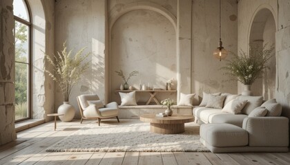 serene palette with soft wool and natural stone in a summer interior