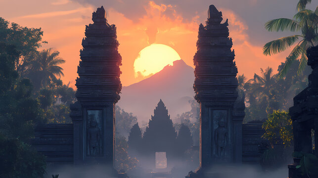 Majestic sunrise over ancient temple gates. lush tropical landscape, misty mountain backdrop. [Volcanic Temples] | Scorched Choir | burnt singers. Illustration