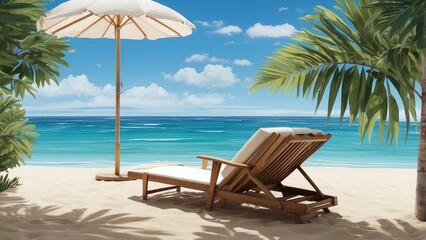 Obraz premium Romantic Beach Sunset with Lounge Chairs and Umbrella – Tropical Oceanfront Escape