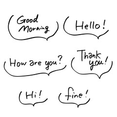 カラフルでポップな手描き英語の挨拶のフレーズセット