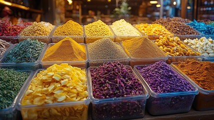 A vibrant display of spices in a market stall, mounds of colorful powders and fragrant herbs, a feast for the senses