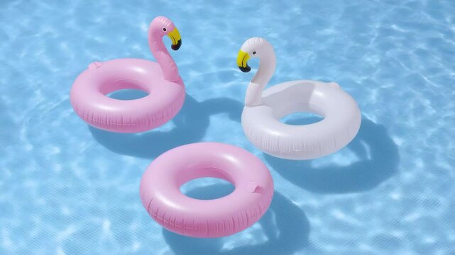 Inflatable pool float flamingo and ring gently floating on clear blue water in summer pool for fun and relaxing vibe
